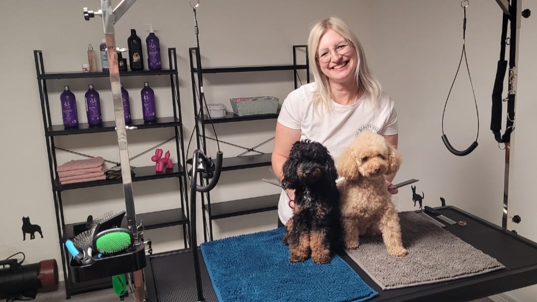 Martina mit zwei Hunden am Frisiertisch